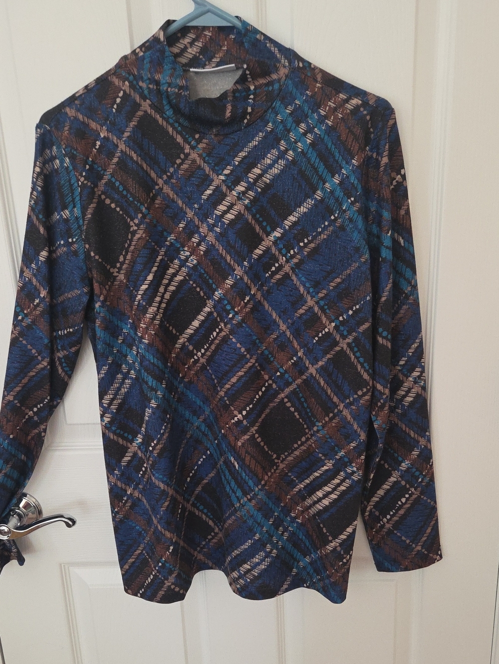 Susan Graver Plaid Turtleneck Sweater - Blue, Brown & Black